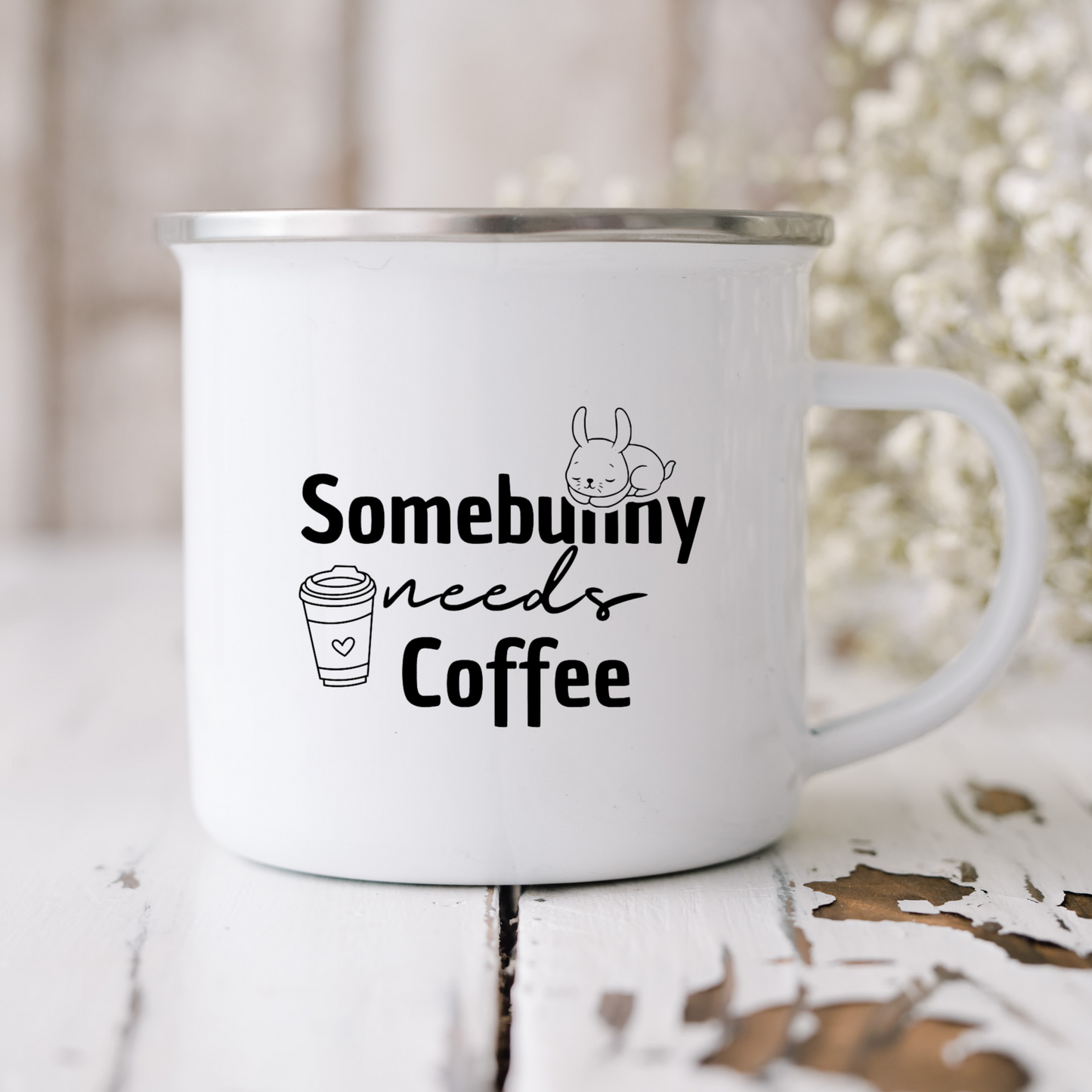 Emaille-Tasse "Somebunny needs Coffee"